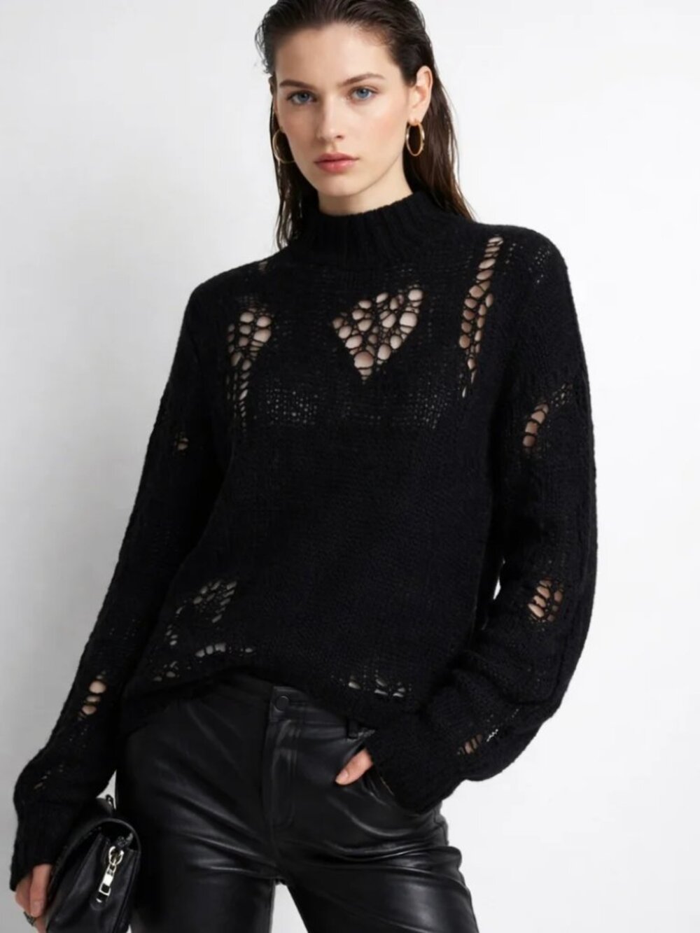 3.1 Phillip Lim Black Open Knit Crewneck Sweater Elevated Basic Small Medium